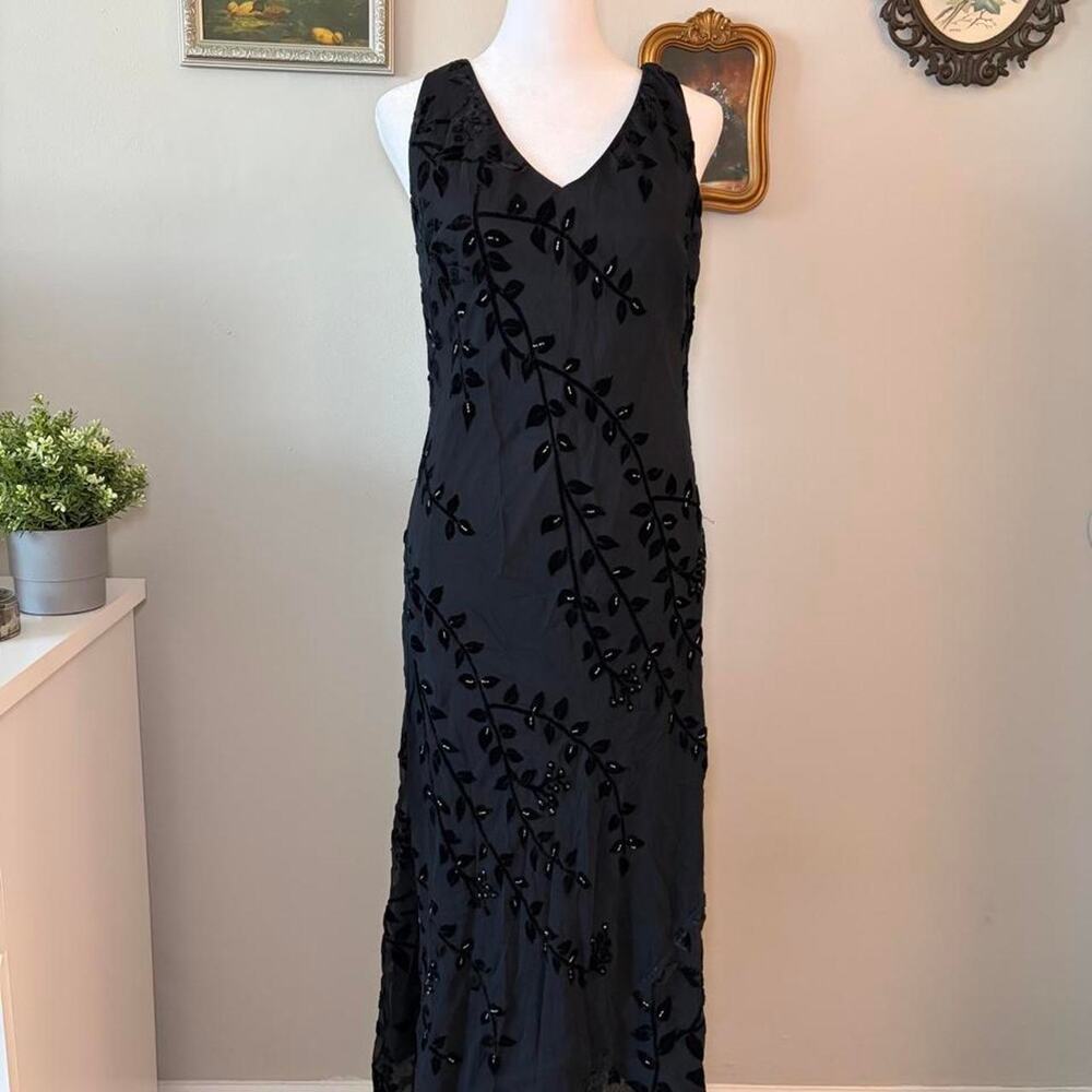 Vintage 90s Eva Blue Velvet Devoré Beaded Maxi Dress - Size 10